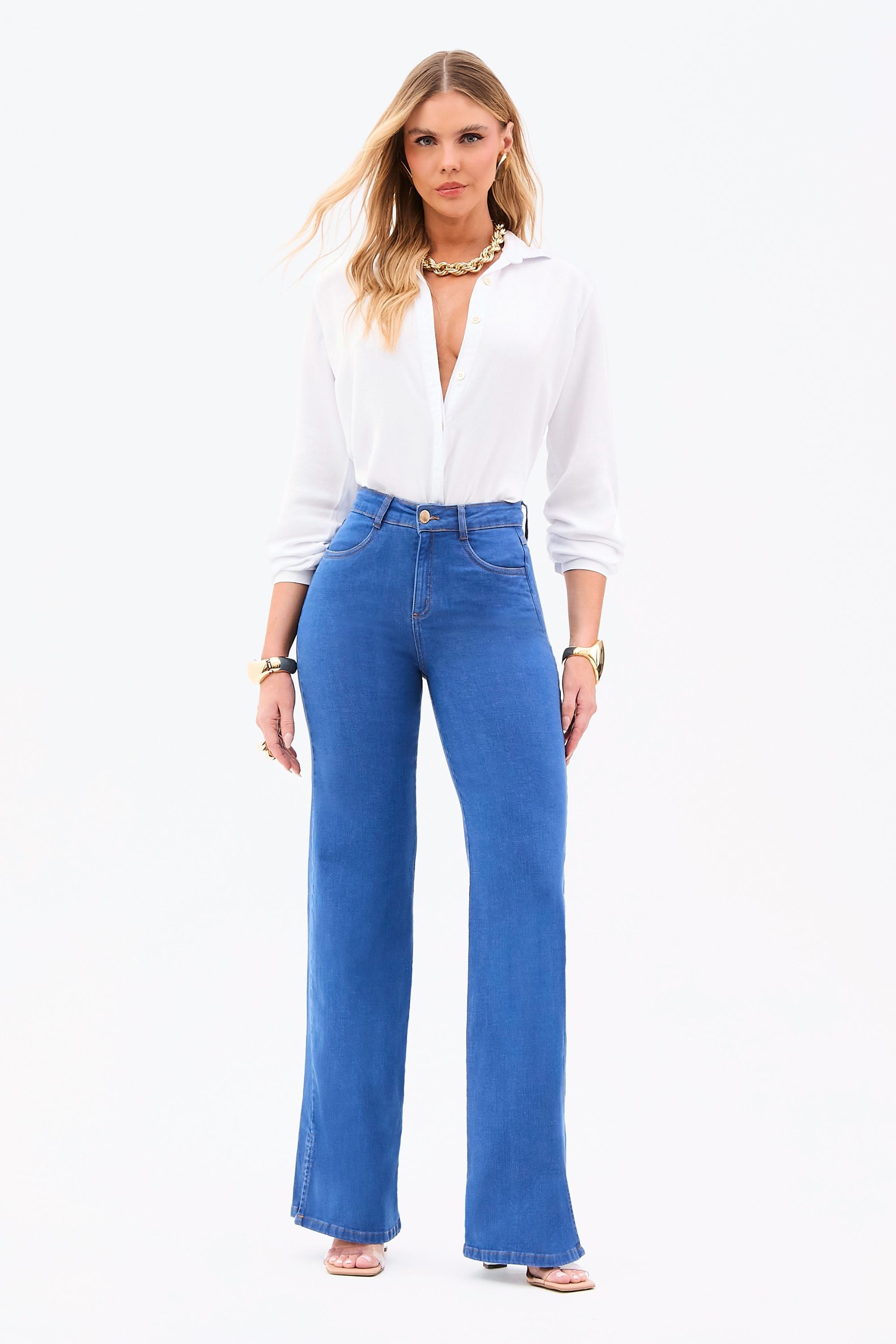 Calça Jeans Modeladora Linea Wide Leg Cós Médio Jeans Médio