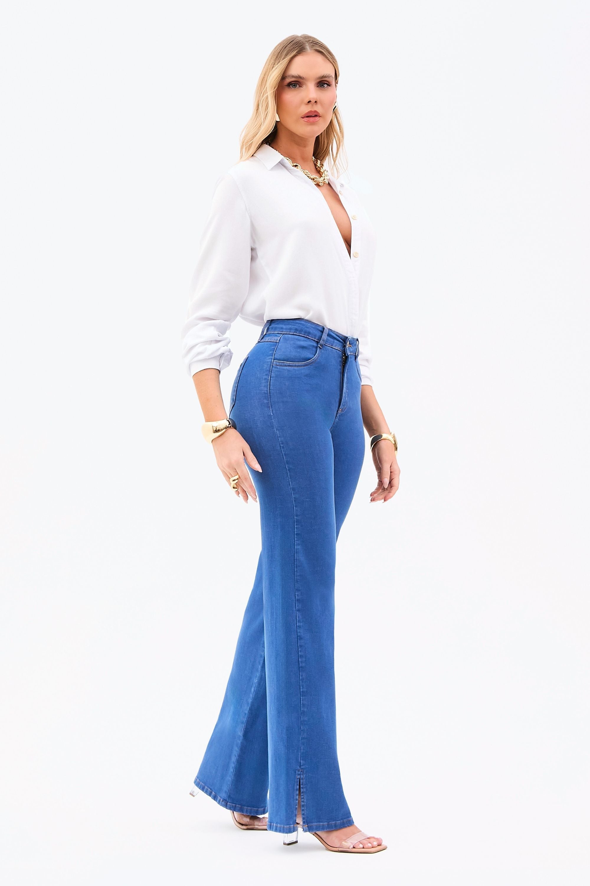 Calça Jeans Modeladora Linea Wide Leg Cós Médio Jeans Médio