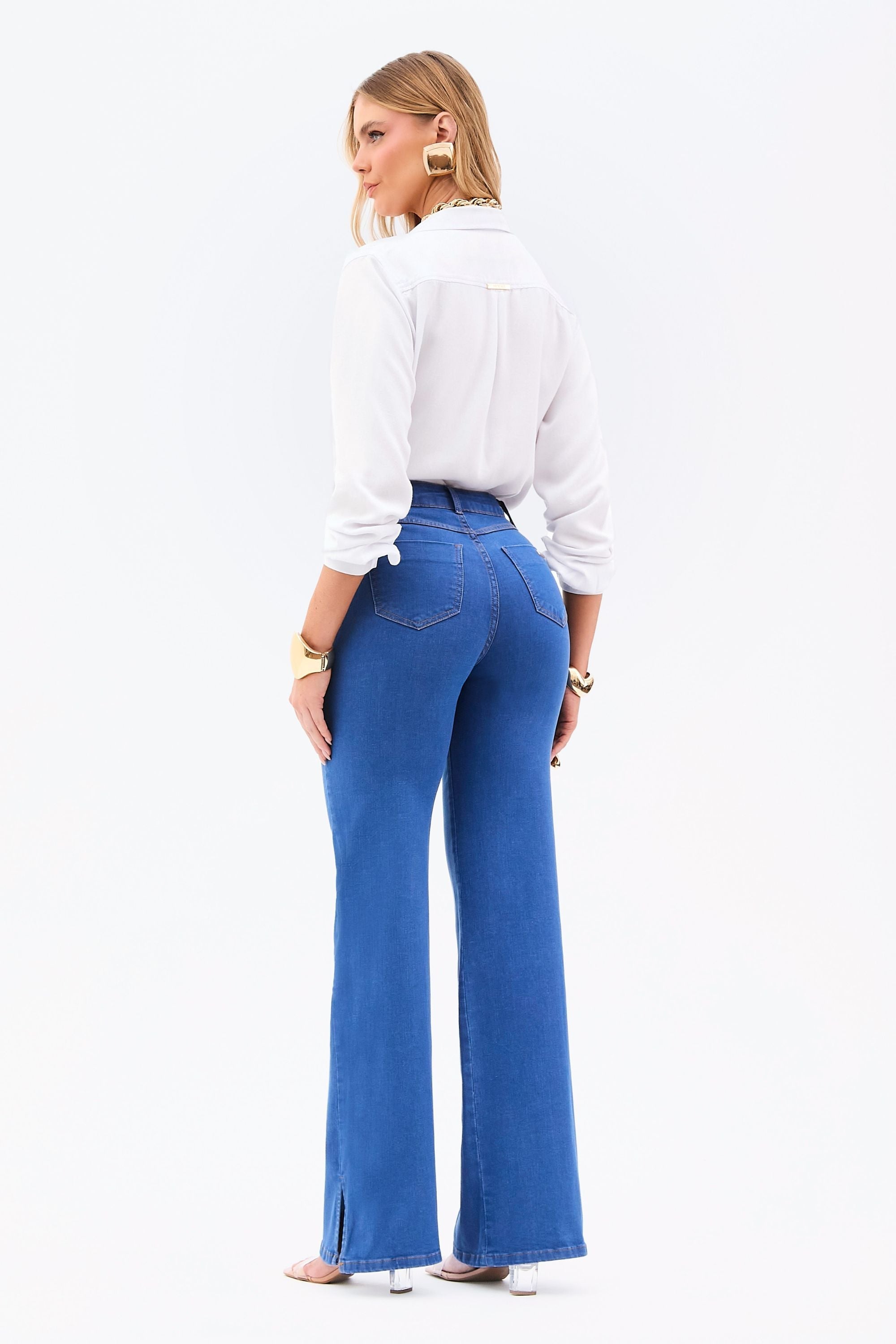 Calça Jeans Modeladora Linea Wide Leg Cós Médio Jeans Médio